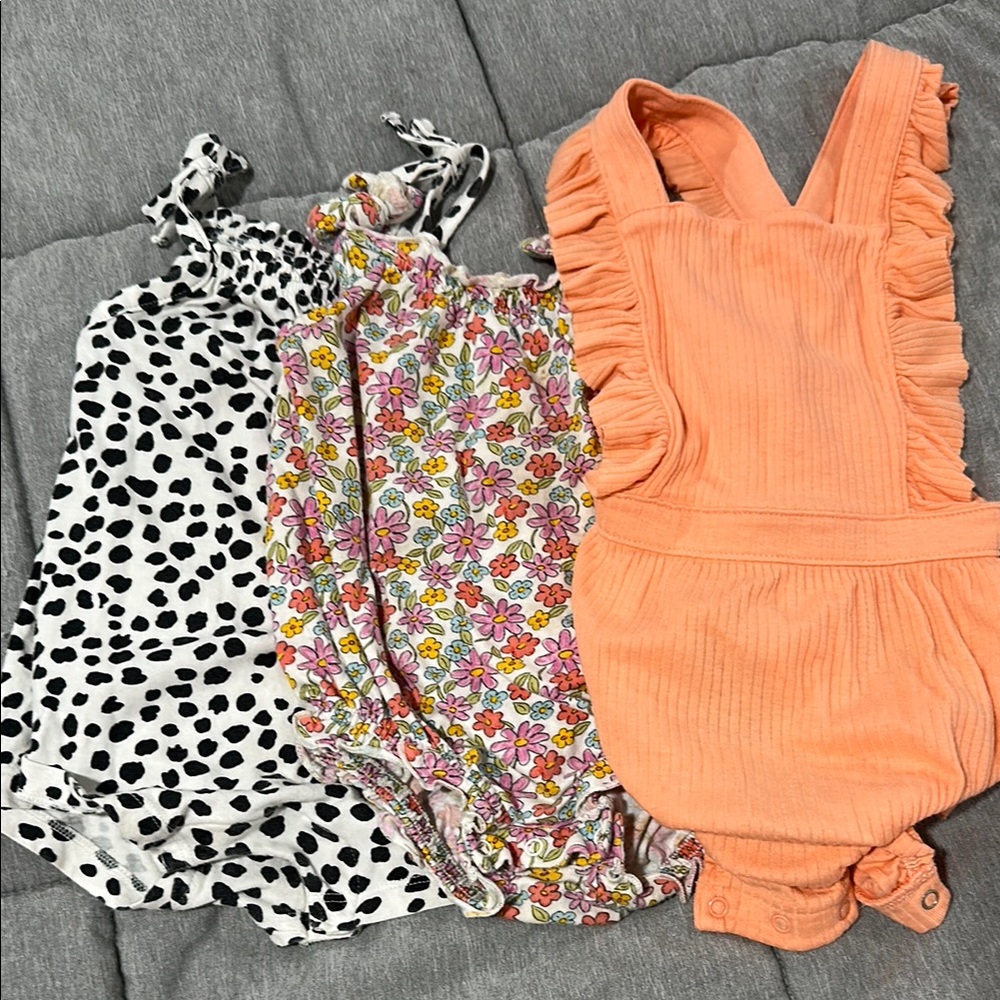 Set of Three Baby Rompers - Polka Dot, Floral, and Orange